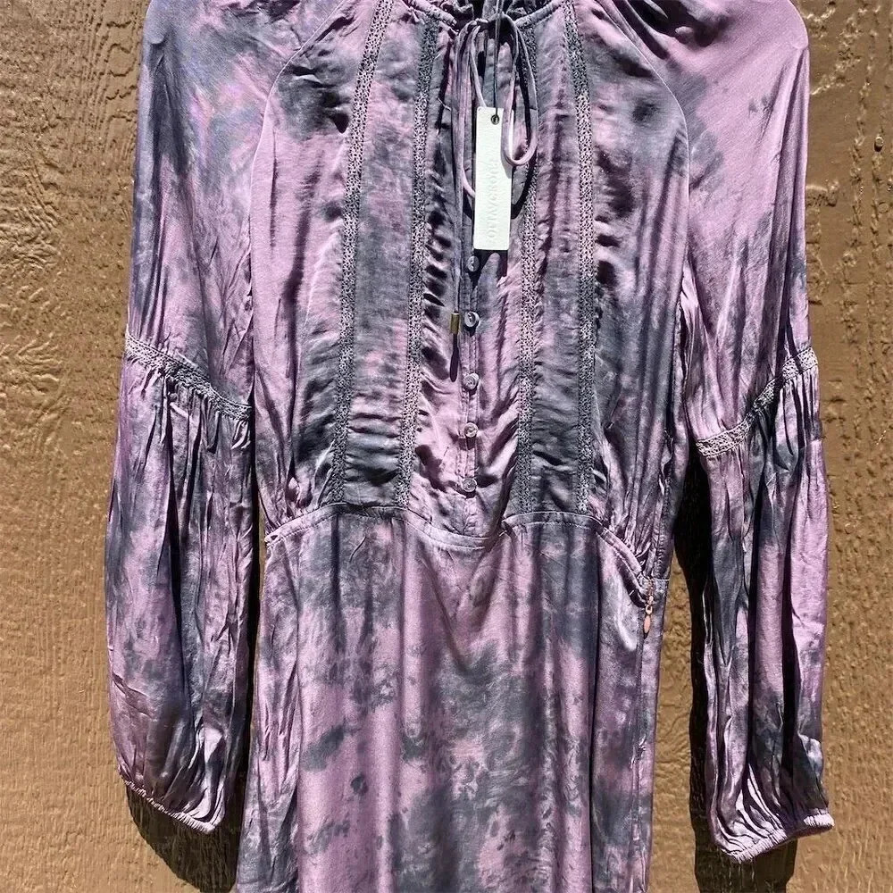 Olivaceous Purple Tie-Dye Lace-Up Boho Skater Dress S Long Sleeve Ruffle Cuff